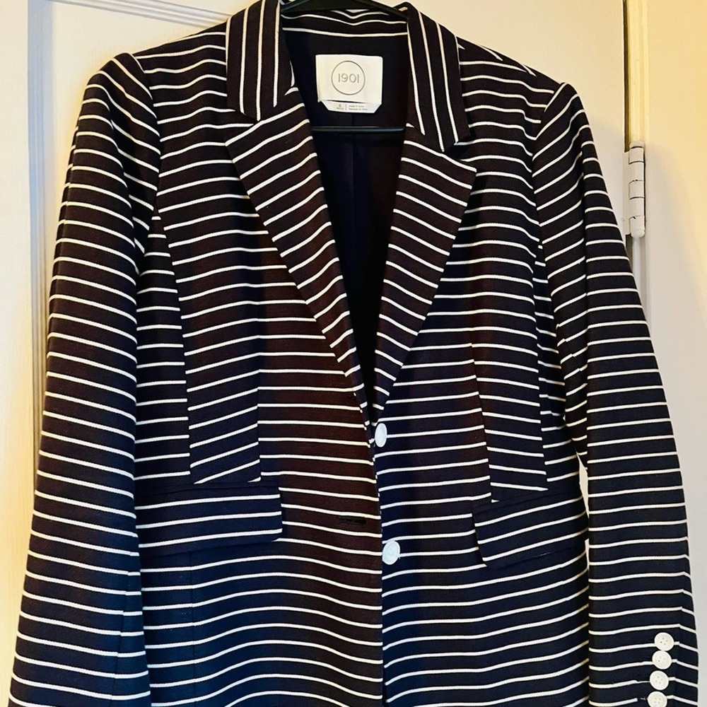 1901 Cotton Linen Fully Lined Blazer Jacket Women Color Blue/White Size:6 Petit
